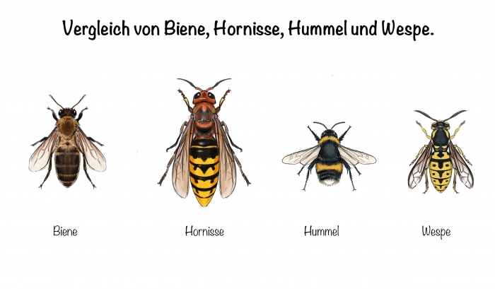 Vergleich von Biene, Hornisse, Hummel und Wespe