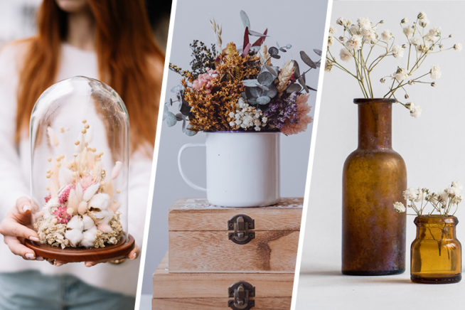 Collage von Trockenblumen als Tischdekoration in Vasen arrangiert 