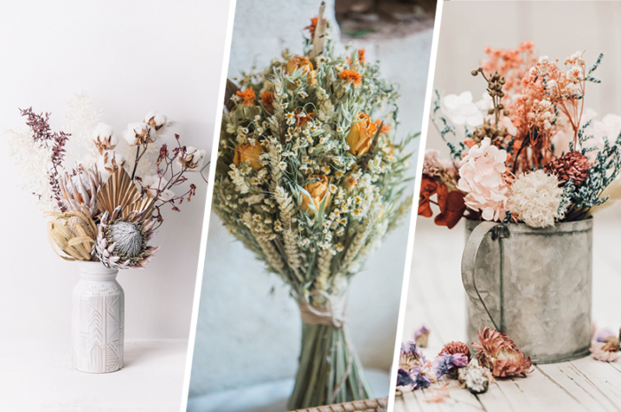 Collage verschiedener Trockenblumensträuße